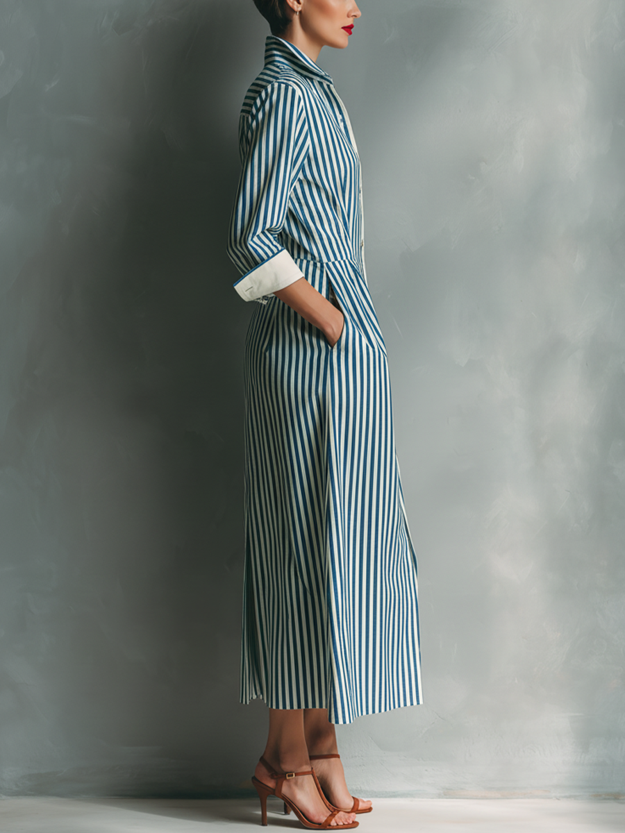 Rosina — Abito camicia in cotone a righe blu e bianco