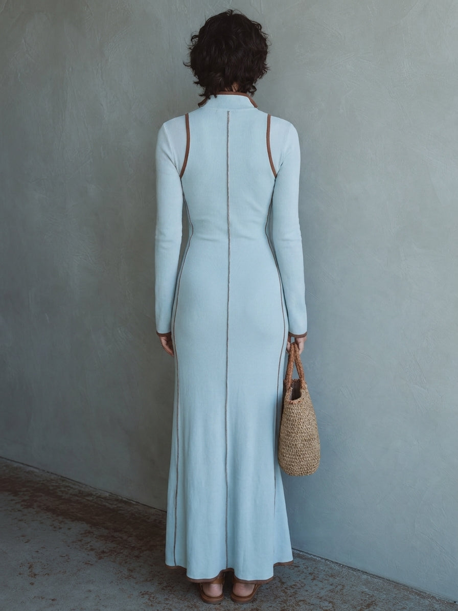 Ylenia — Abito lungo in maglia elasticizzata color block azzurro