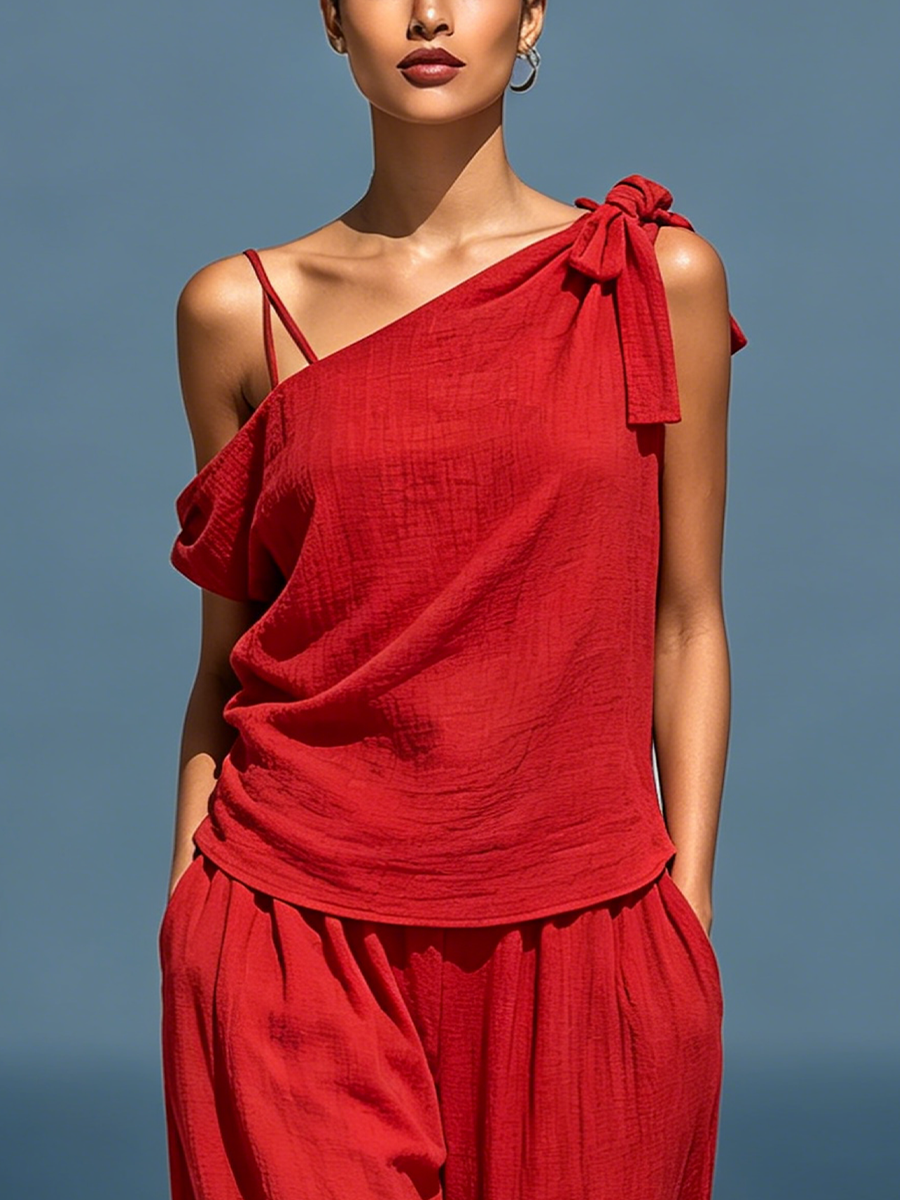 Eloisa — Completo due pezzi in lino con pantaloni a gamba larga rosso