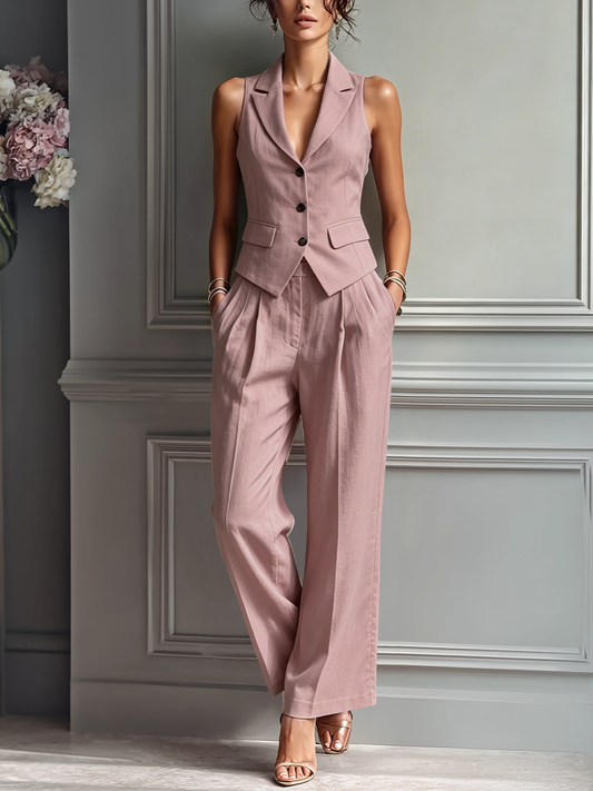 Claudia — Completo due pezzi in lino con pantaloni a gamba larga rosa cipria