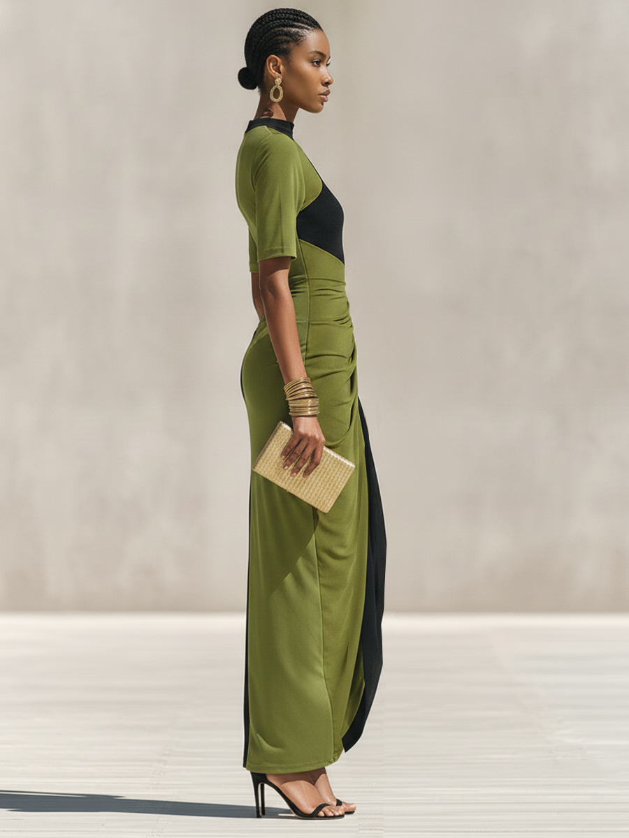 Velia — Abito lungo color block nero e verde oliva