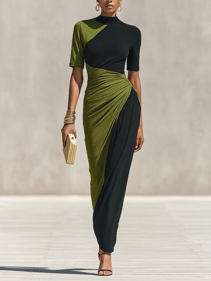 Velia — Abito lungo color block nero e verde oliva