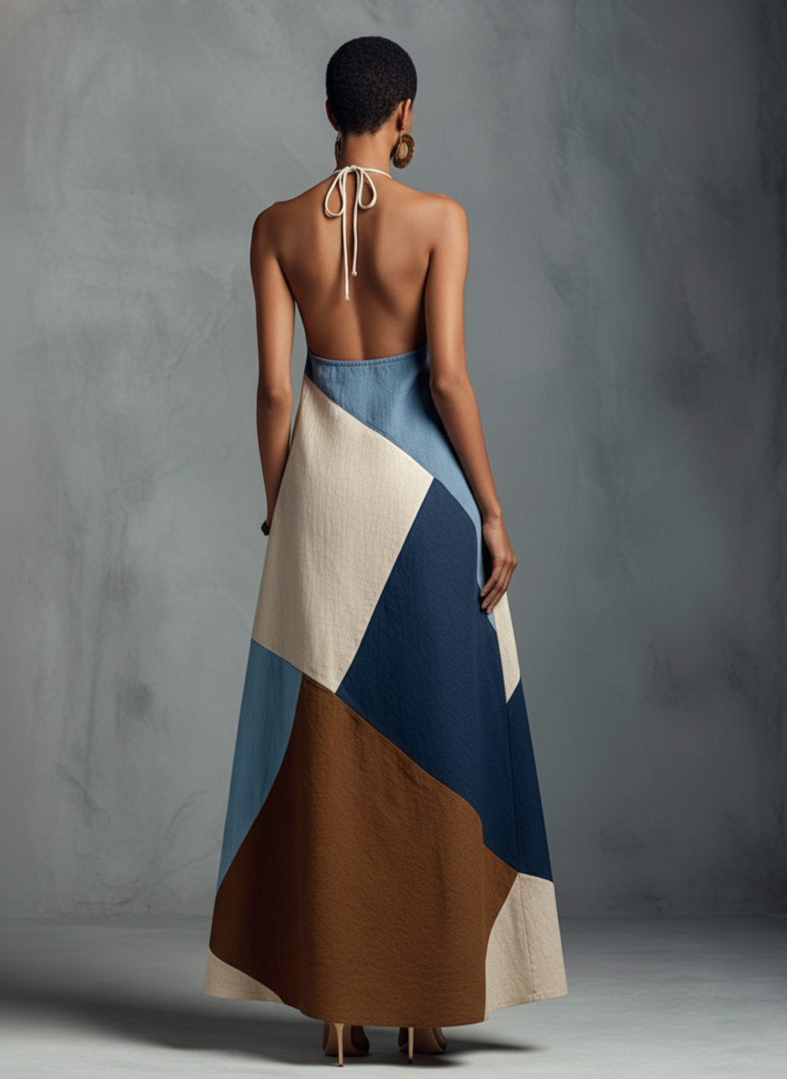 Gloria — Abito lungo in cotone e lino senza maniche beige, blu e marrone