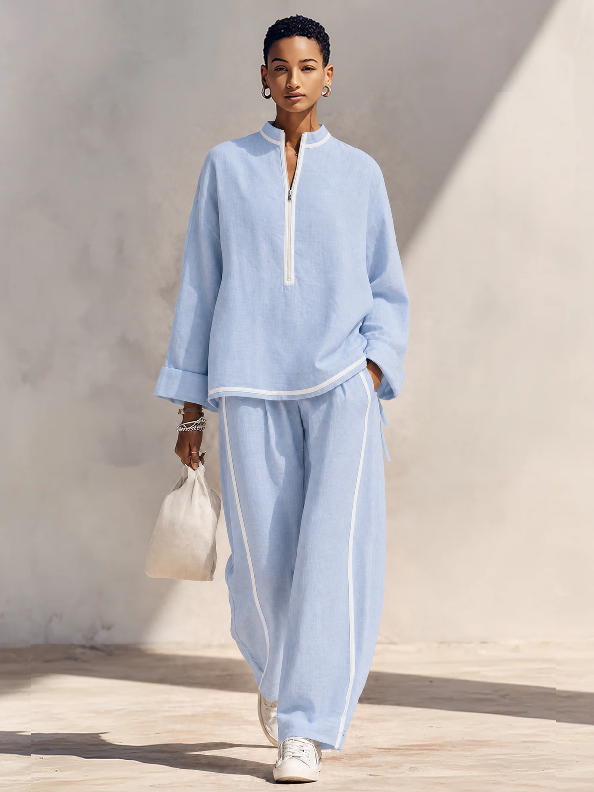 Chiara — Completo due pezzi in lino con pantaloni blu