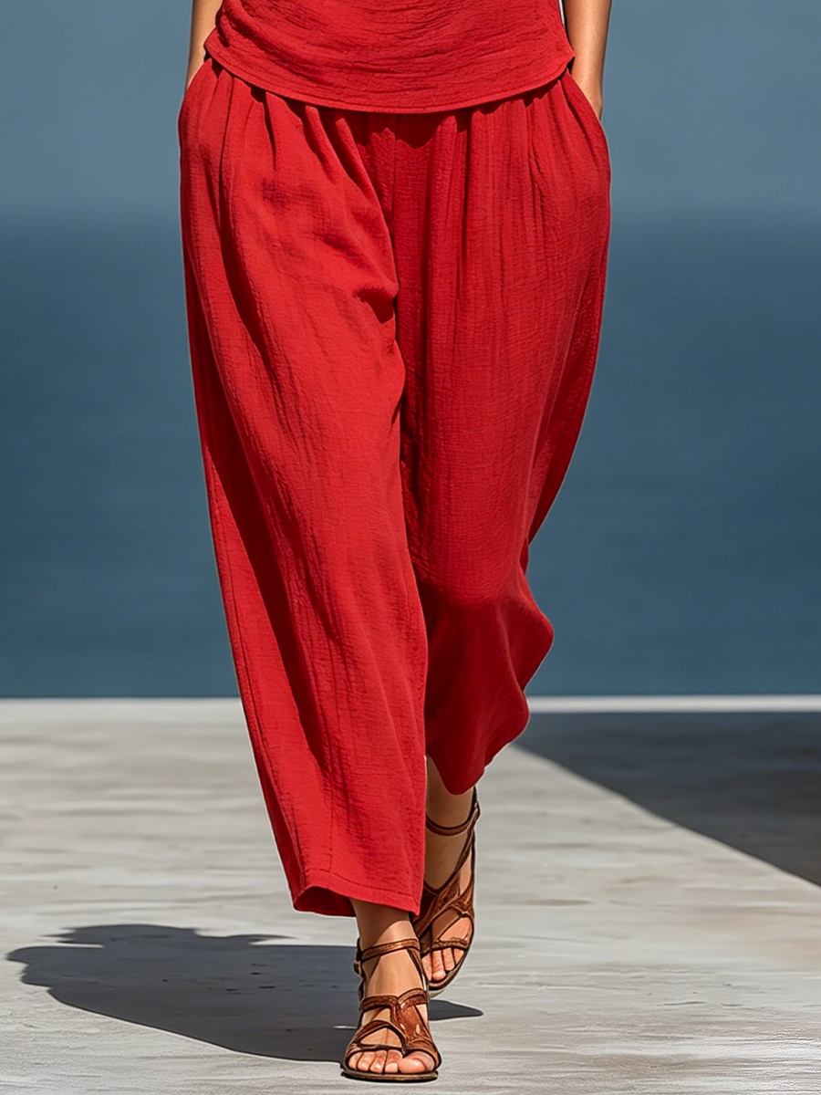 Eloisa — Completo due pezzi in lino con pantaloni a gamba larga rosso