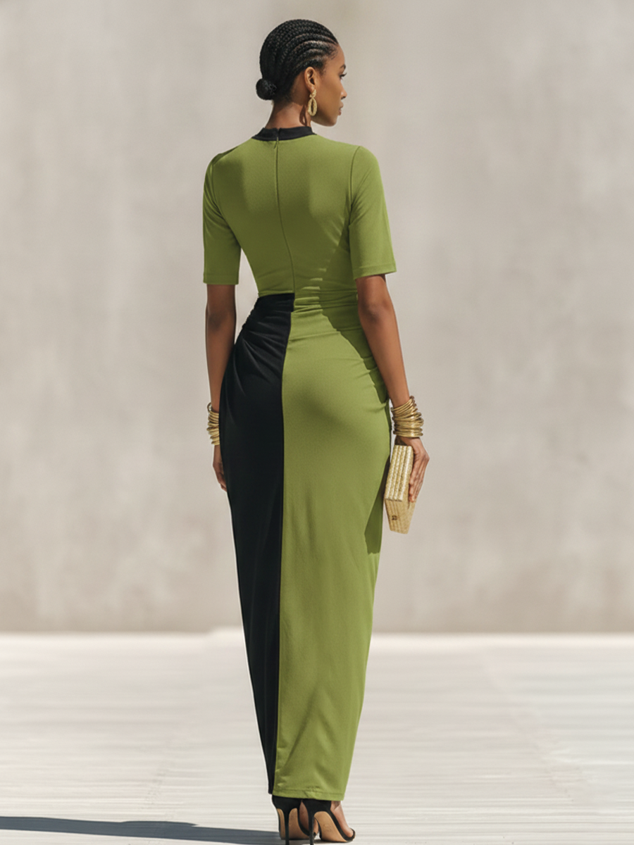 Velia — Abito lungo color block nero e verde oliva