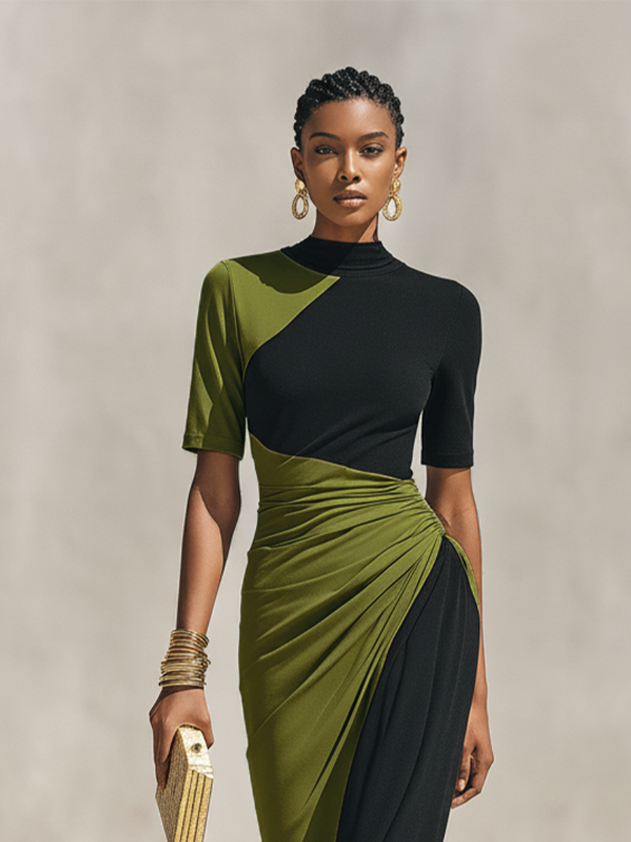 Velia — Abito lungo color block nero e verde oliva