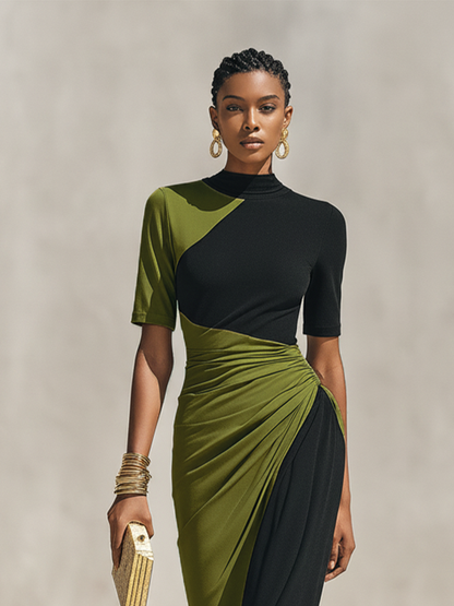 Velia — Abito lungo color block nero e verde oliva