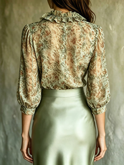 Ambra — Completo con blusa a volant e gonna in raso