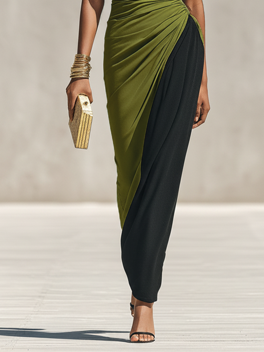 Velia — Abito lungo color block nero e verde oliva