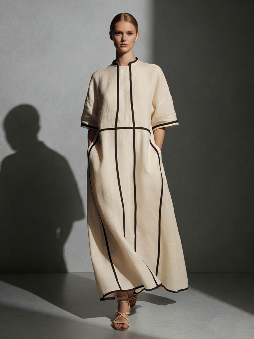 Diamante — Abito lungo in lino con collo alla coreana beige