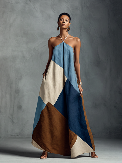 Gloria — Abito lungo in cotone e lino senza maniche beige, blu e marrone