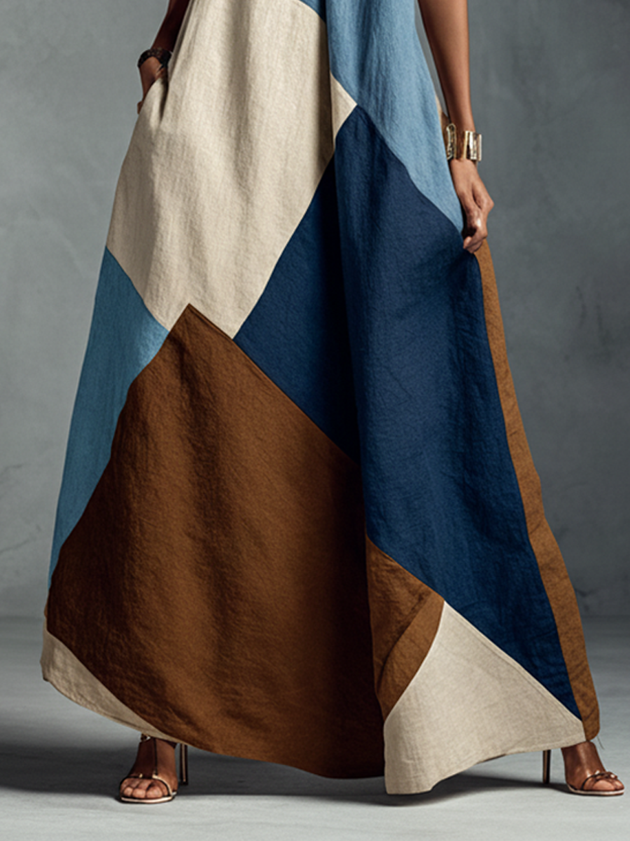 Gloria — Abito lungo in cotone e lino senza maniche beige, blu e marrone