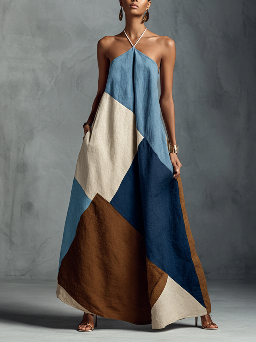 Gloria — Abito lungo in cotone e lino senza maniche beige, blu e marrone