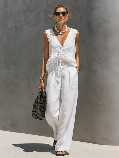 Elisabetta — Abito in cotone e lino con scollo a V