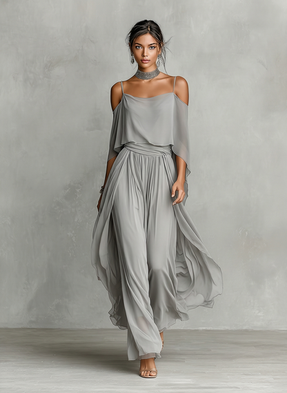 Brigida — Completo due pezzi in chiffon con pantaloni a gamba larga