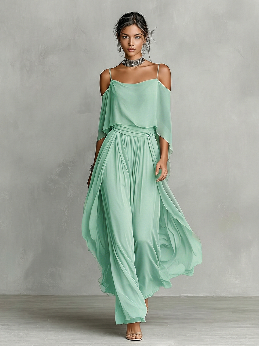 Brigida — Completo due pezzi in chiffon con pantaloni a gamba larga