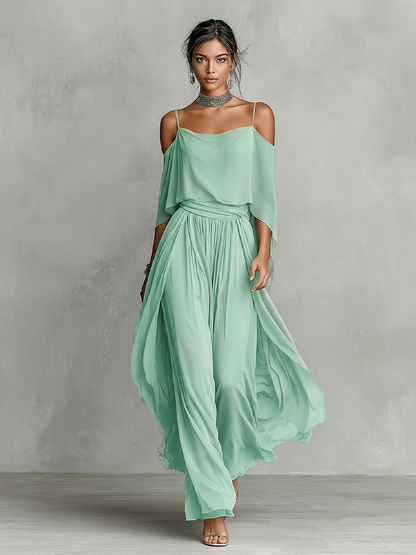 Brigida — Completo due pezzi in chiffon con pantaloni a gamba larga