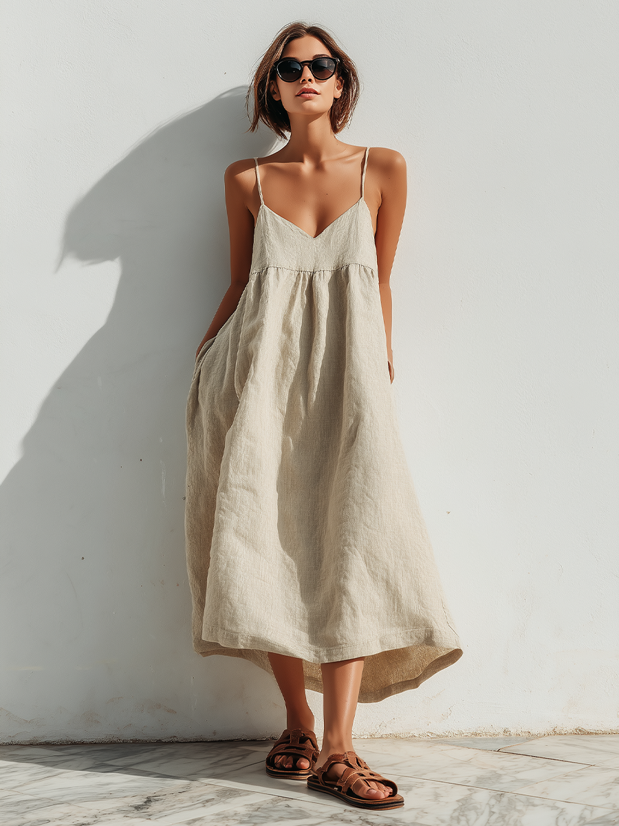 Grazia Maria — Abito in lino con scollo quadrato beige