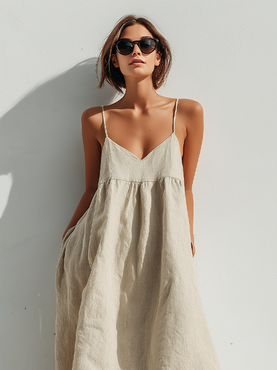 Grazia Maria — Abito in lino con scollo quadrato beige