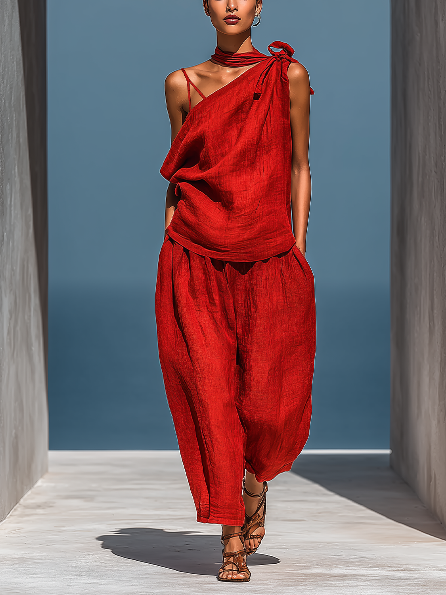 Eloisa — Completo due pezzi in lino con pantaloni a gamba larga rosso