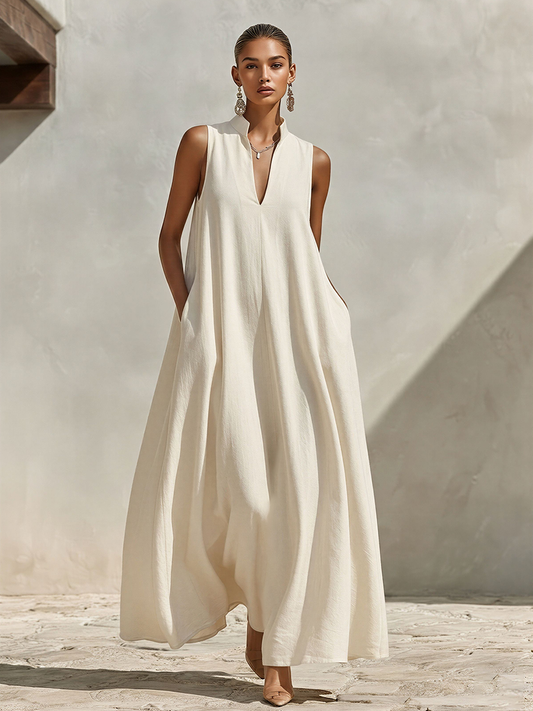 Avelina — Abito lungo in lino con collo alla coreana