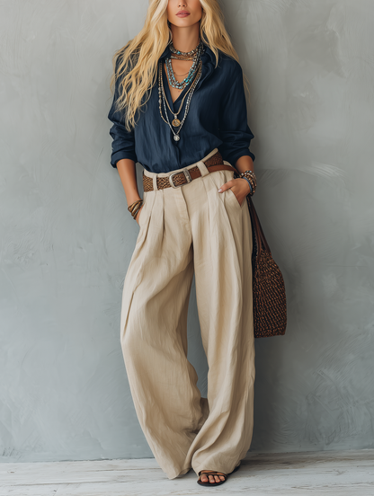 Ersilia — Abito in cotone e lino con scollo a V blu navy e kaki