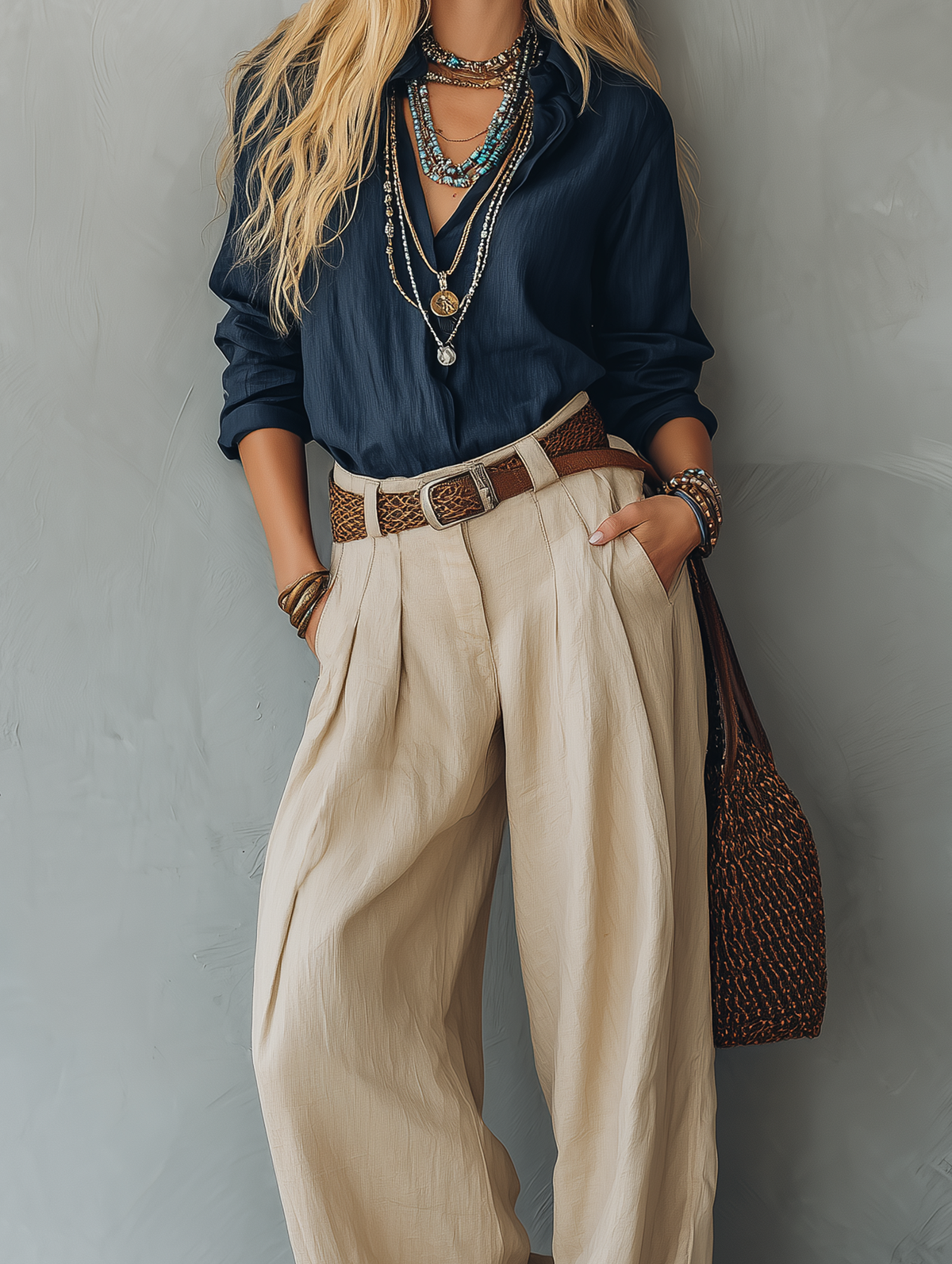 Ersilia — Abito in cotone e lino con scollo a V blu navy e kaki
