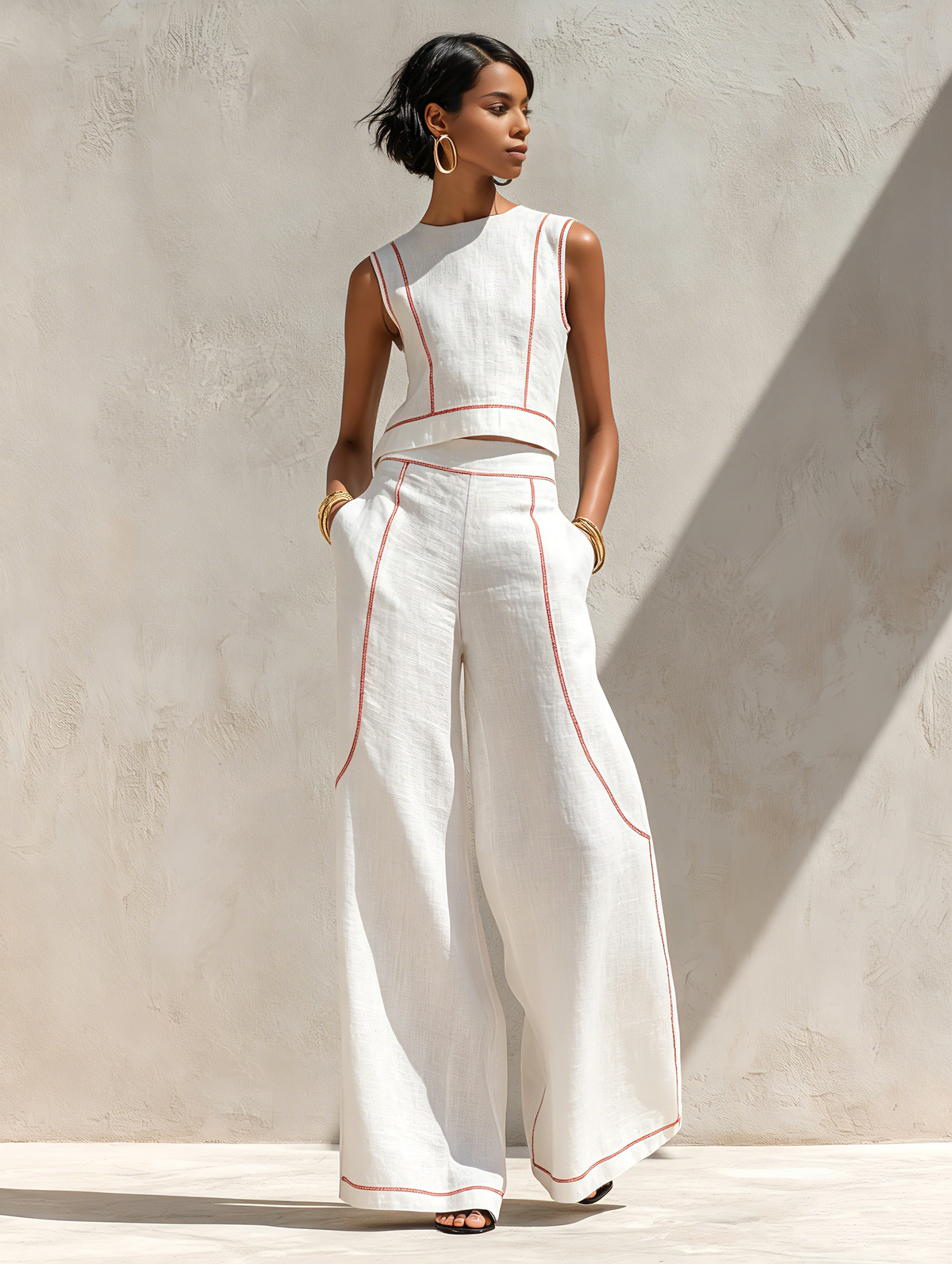 Alessia — Completo due pezzi in lino con pantaloni a gamba larga