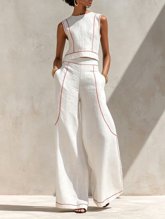 Alessia — Completo due pezzi in lino con pantaloni a gamba larga