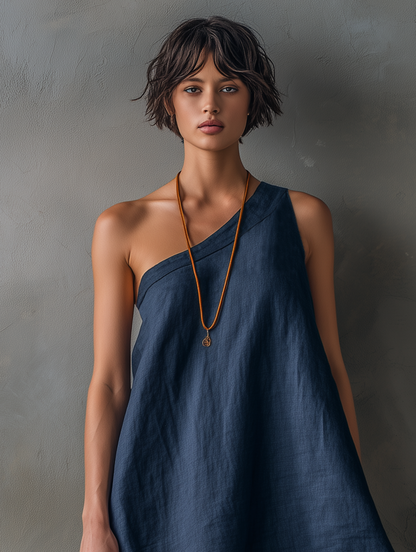 Alfreda — Abito corto in lino senza maniche blu navy