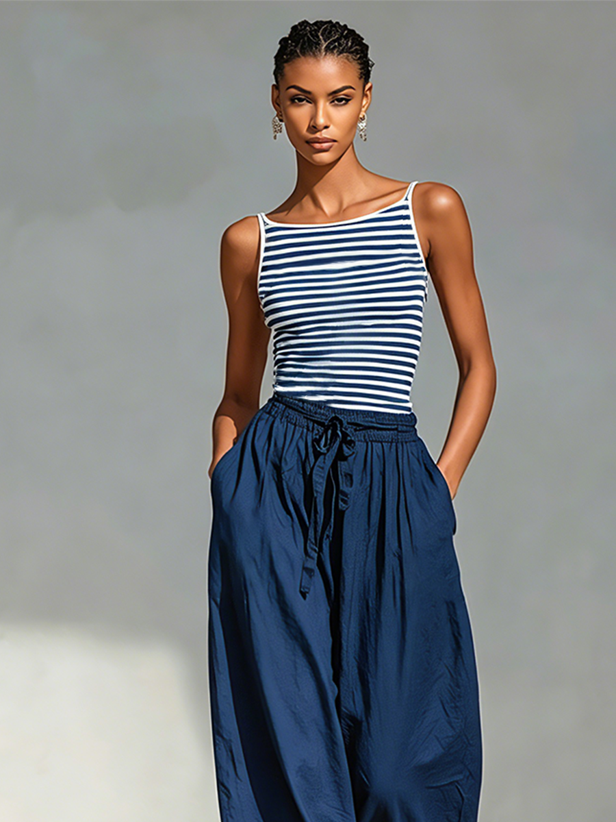 Assunta — Completo due pezzi in cotone a righe blu navy e bianco