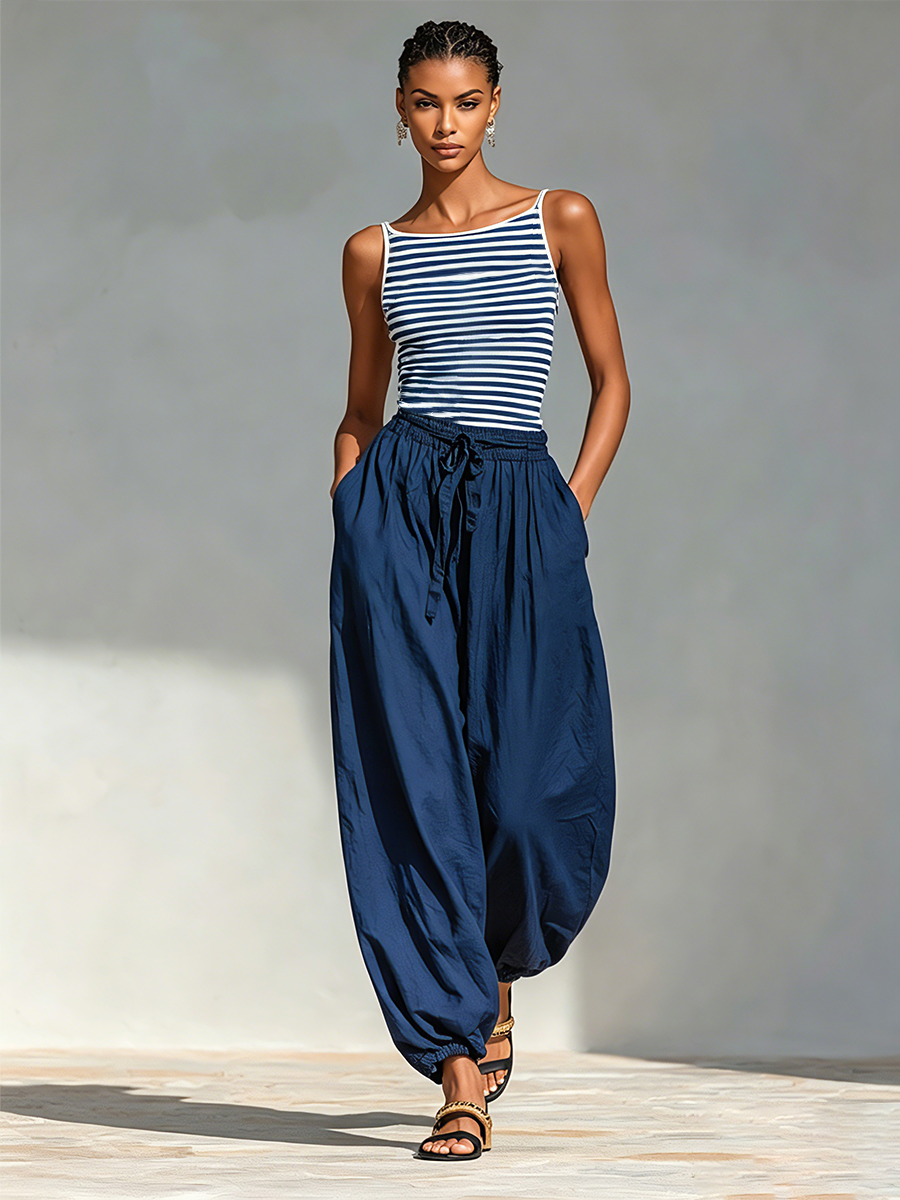 Assunta — Completo due pezzi in cotone a righe blu navy e bianco