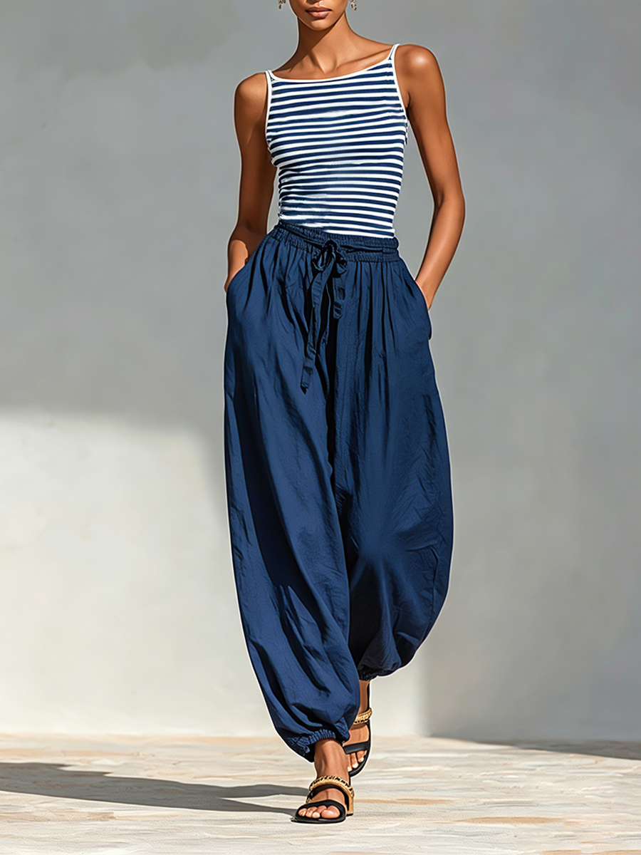 Assunta — Completo due pezzi in cotone a righe blu navy e bianco