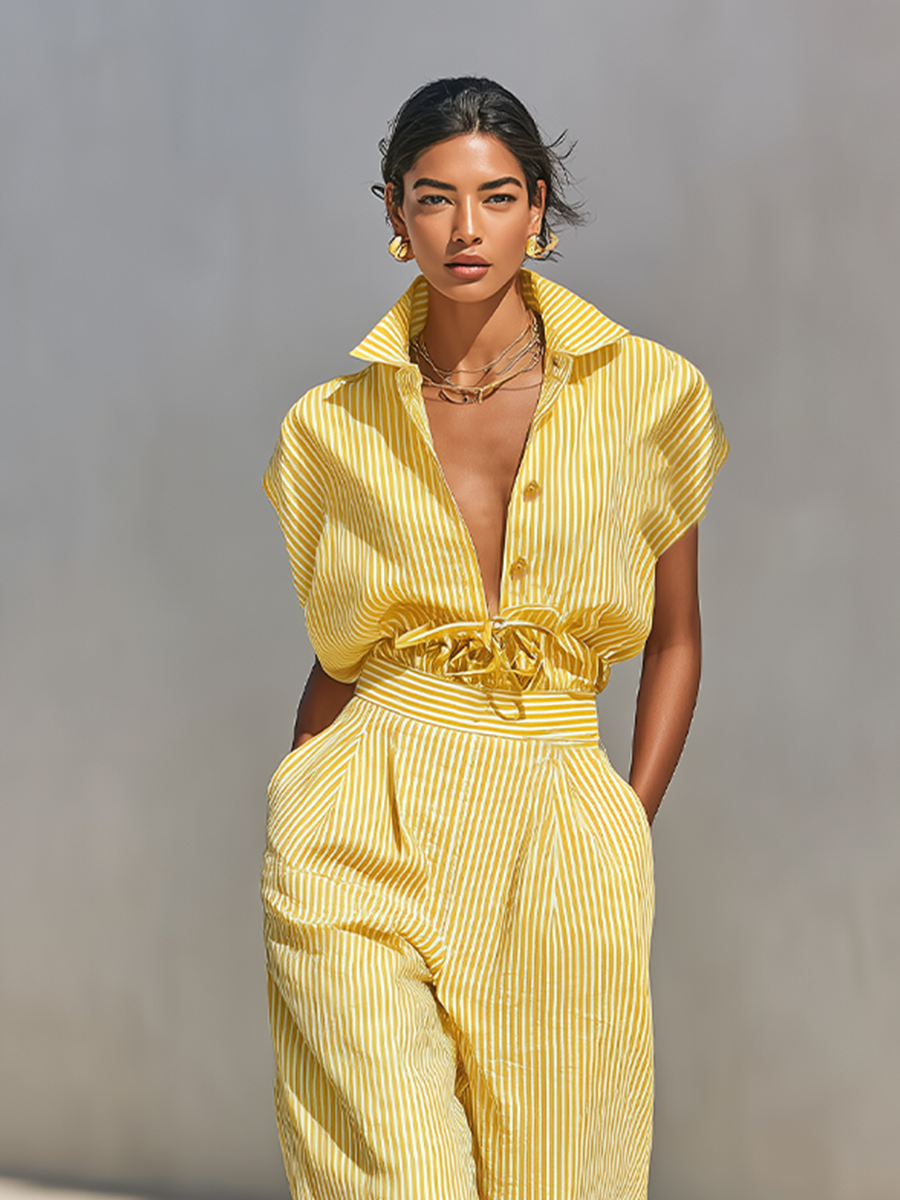 Benedetta — Completo due pezzi in cotone a righe giallo limone