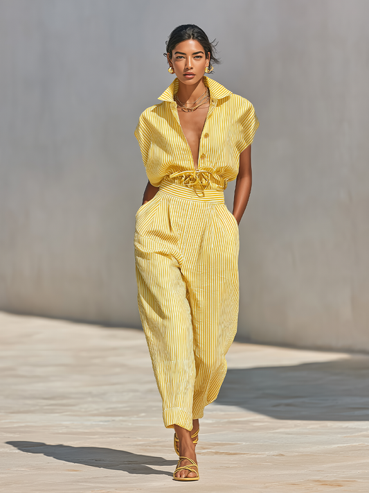 Benedetta — Completo due pezzi in cotone a righe giallo limone