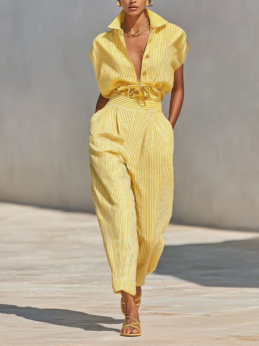 Benedetta — Completo due pezzi in cotone a righe giallo limone
