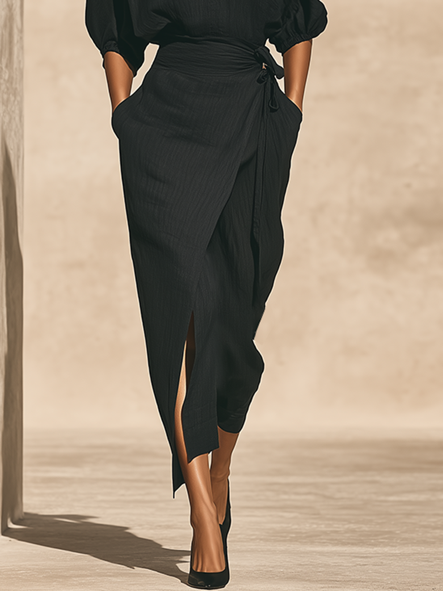 Eugenia — Completo due pezzi in lino con gonna midi