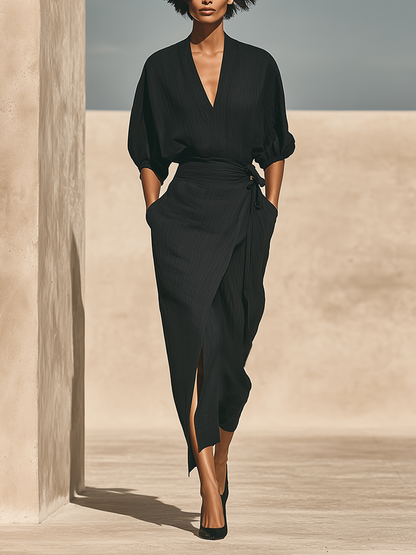 Eugenia — Completo due pezzi in lino con gonna midi