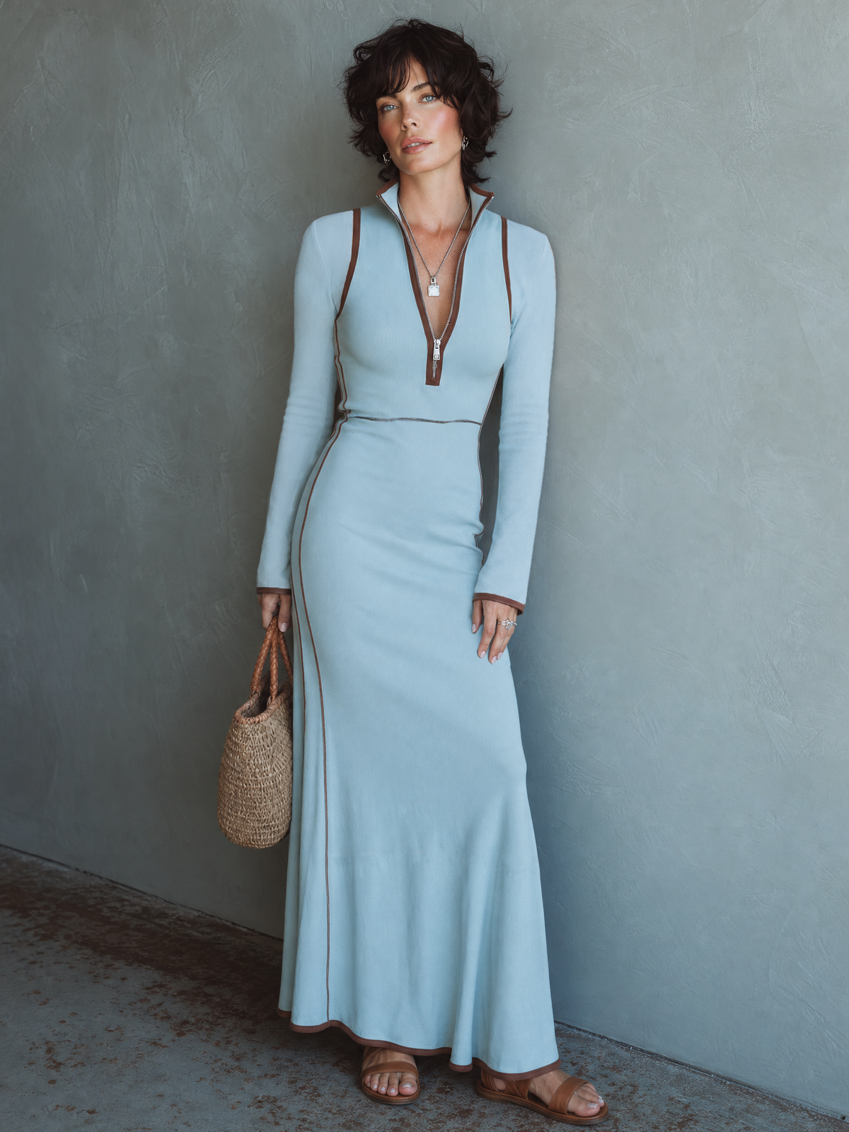 Ylenia — Abito lungo in maglia elasticizzata color block azzurro