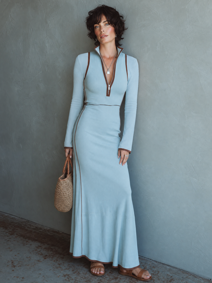 Ylenia — Abito lungo in maglia elasticizzata color block azzurro