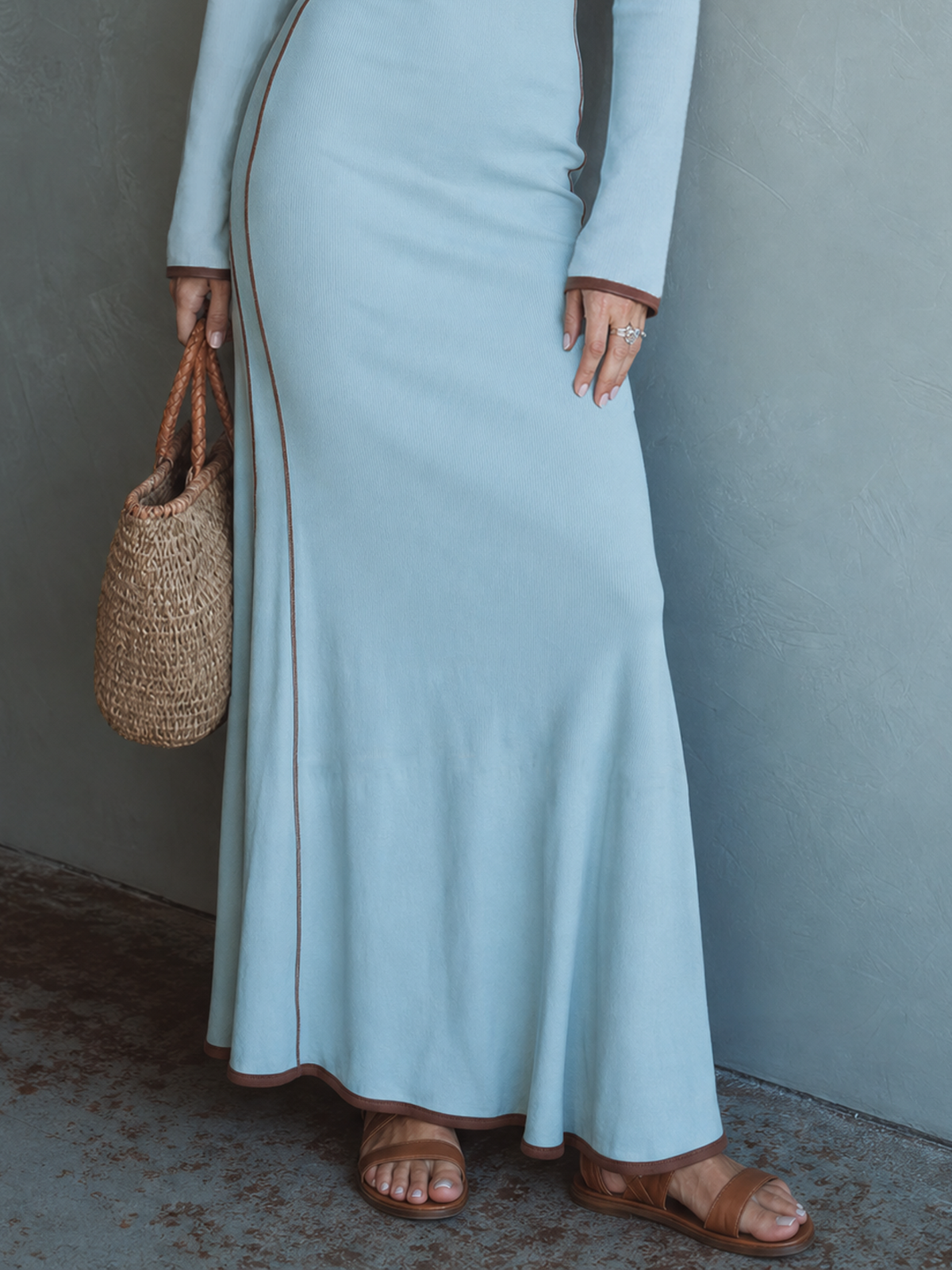 Ylenia — Abito lungo in maglia elasticizzata color block azzurro