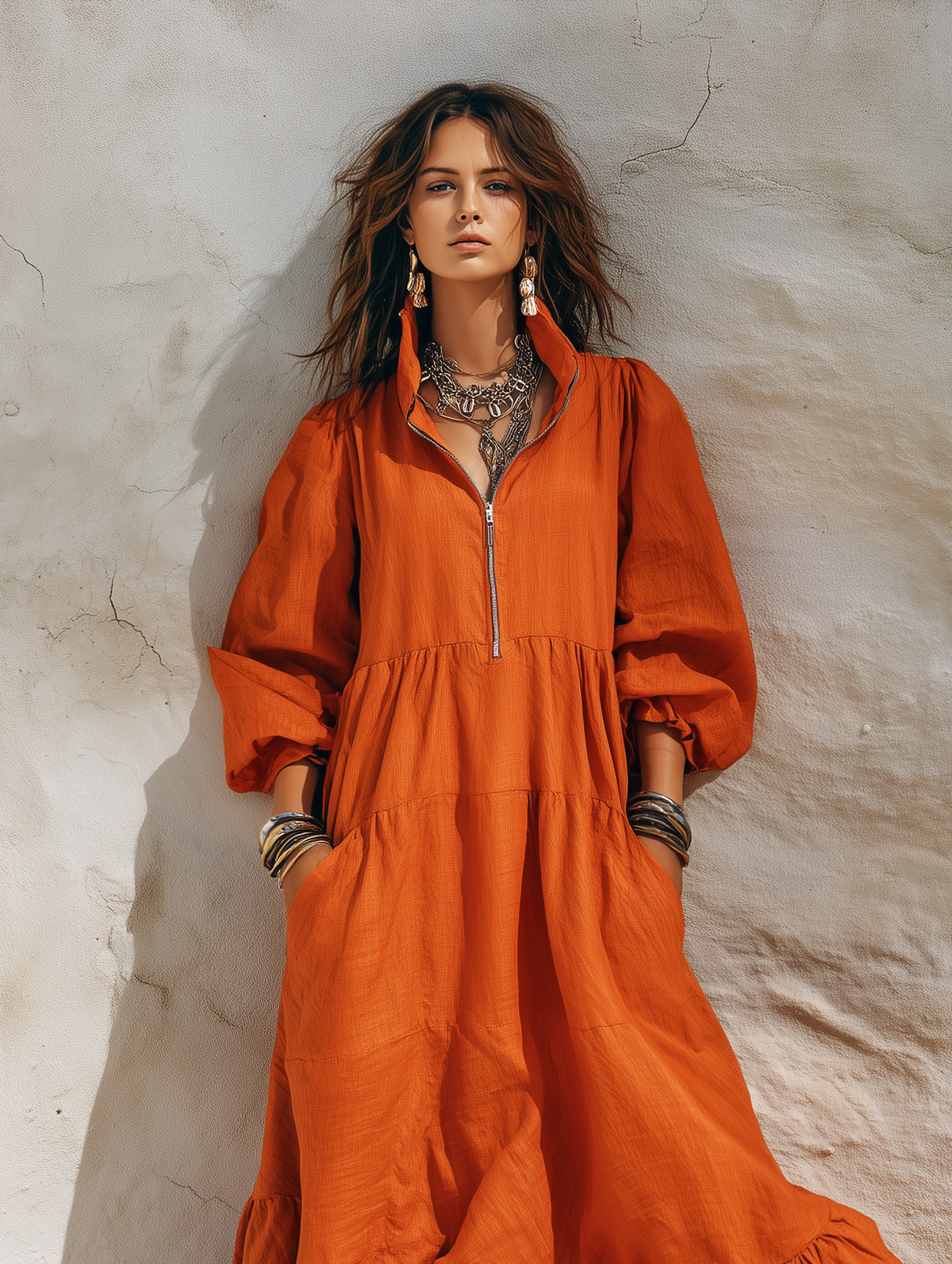 Ilaria Maria — Abito lungo in cotone e lino con mezza zip