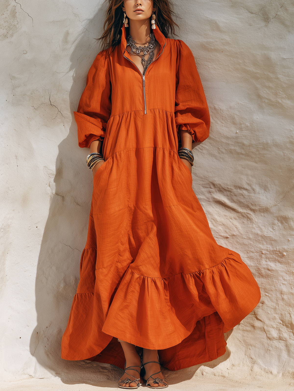 Ilaria Maria — Abito lungo in cotone e lino con mezza zip