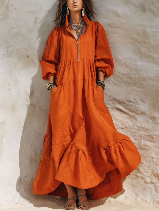 Ilaria Maria — Abito lungo in cotone e lino con mezza zip