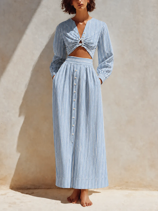 Ginevra — Completo due pezzi in cotone e lino a righe bianco e blu