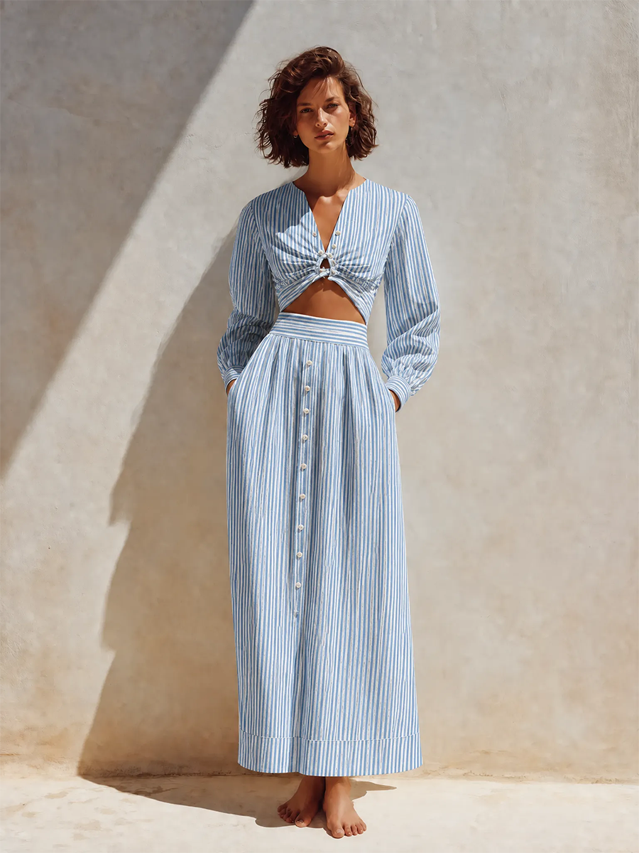 Ginevra — Completo due pezzi in cotone e lino a righe bianco e blu