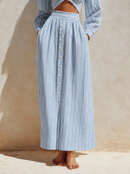 Ginevra — Completo due pezzi in cotone e lino a righe bianco e blu