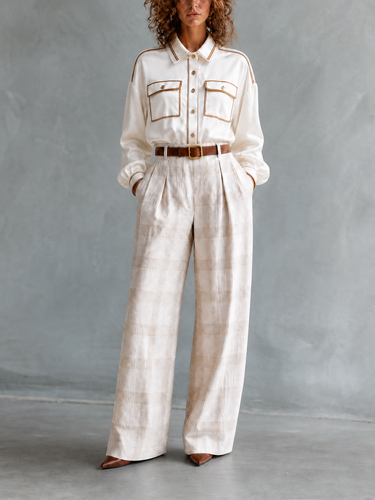 Franca — Completo due pezzi in lino con pantaloni a gamba larga bianco panna
