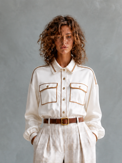 Franca — Completo due pezzi in lino con pantaloni a gamba larga bianco panna